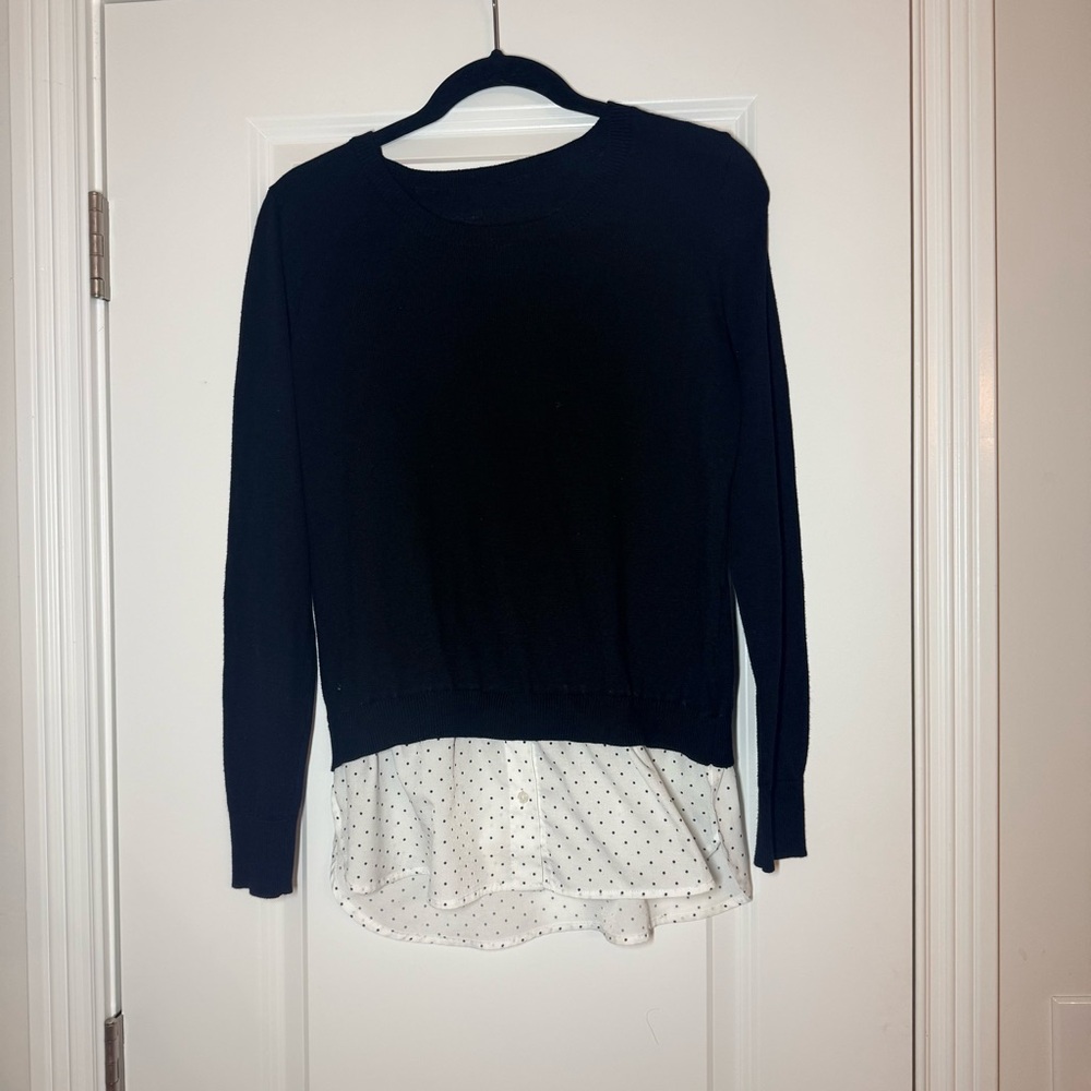 Black Sweater with Shirt-like Polka Dot Hem with Buttons
